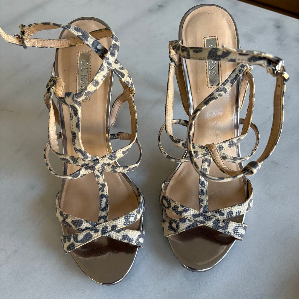 GUESS Leopard Ankle Sandals 4" High Heed Stilettos Size 7.5 silver tan